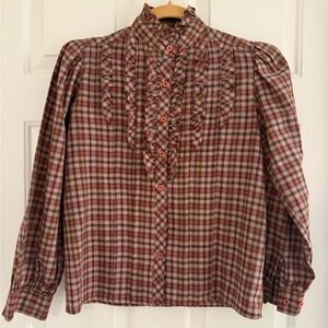 Vintage Sultra prairie, high neck plaid ruffle front fall color blouse